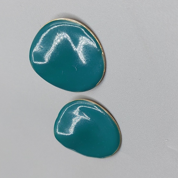 Vintage 90s Modern Art Deco Gold Teal Enamel Coated Round Stud Earrings - Picture 2 of 5